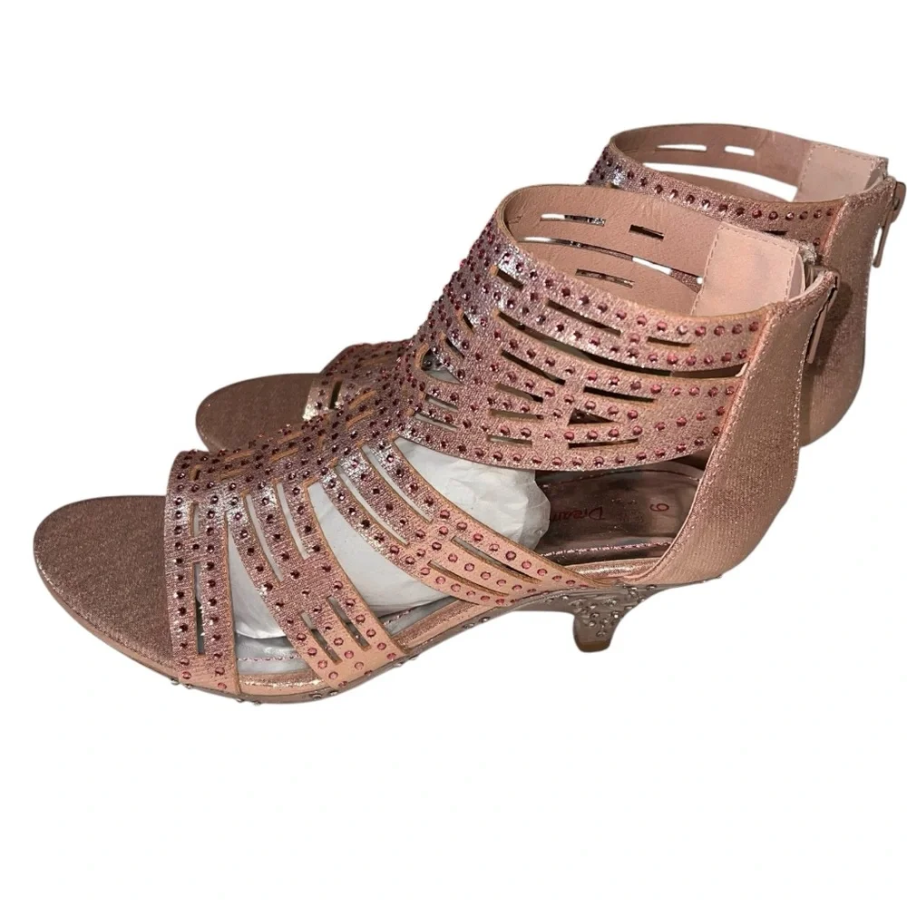 Girls Dress Shoes Low Heel Rhinestone Dance Wedding Pink Rose Gold Size 6 Girls